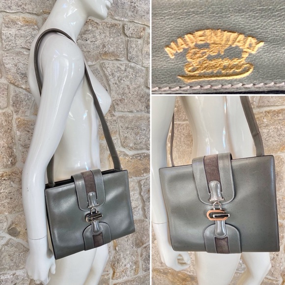 Vintage 1970s Gray Gucci Shoulder Bag with G Clasp and Suede Details - Picture 1 of 16